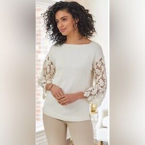 Soft Surroundings Desiree Floral Eyelet Crochet Lace Pullover Sweater Top